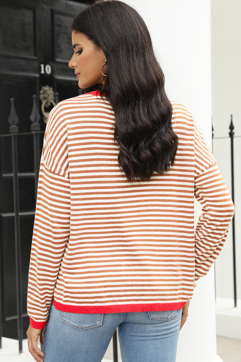 Striped Drop Shoulder Ribbed Trim Pullover Sweater