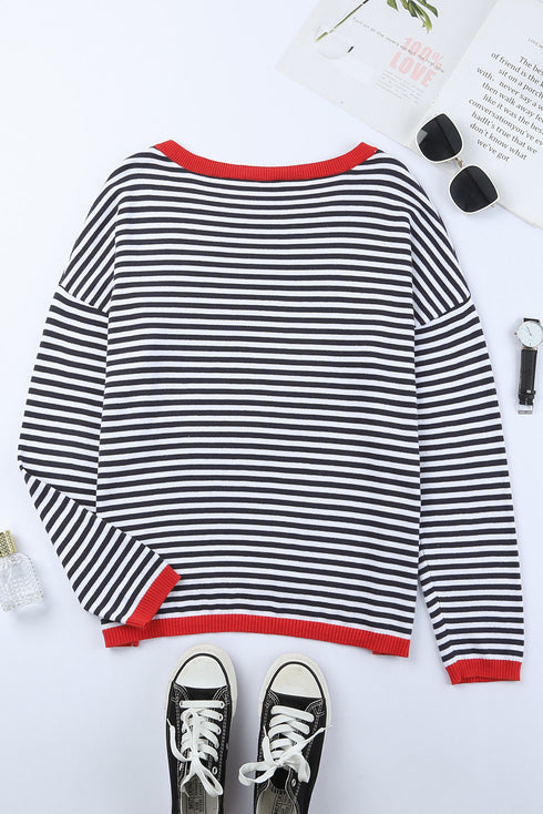 Striped Drop Shoulder Ribbed Trim Pullover Sweater