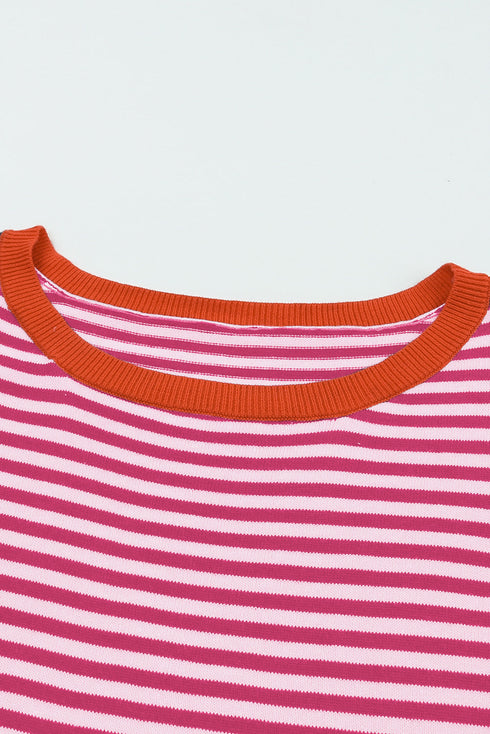 Striped Drop Shoulder Ribbed Trim Pullover Sweater