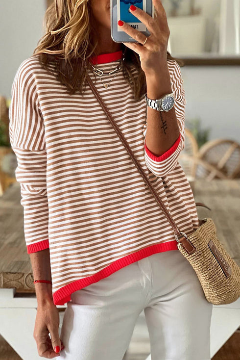 Striped Drop Shoulder Ribbed Trim Pullover Sweater