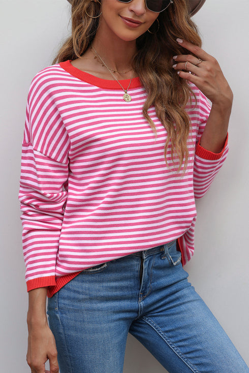 Striped Drop Shoulder Ribbed Trim Pullover Sweater