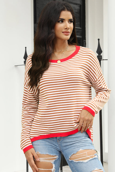 Striped Drop Shoulder Ribbed Trim Pullover Sweater