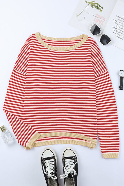 Striped Drop Shoulder Ribbed Trim Pullover Sweater