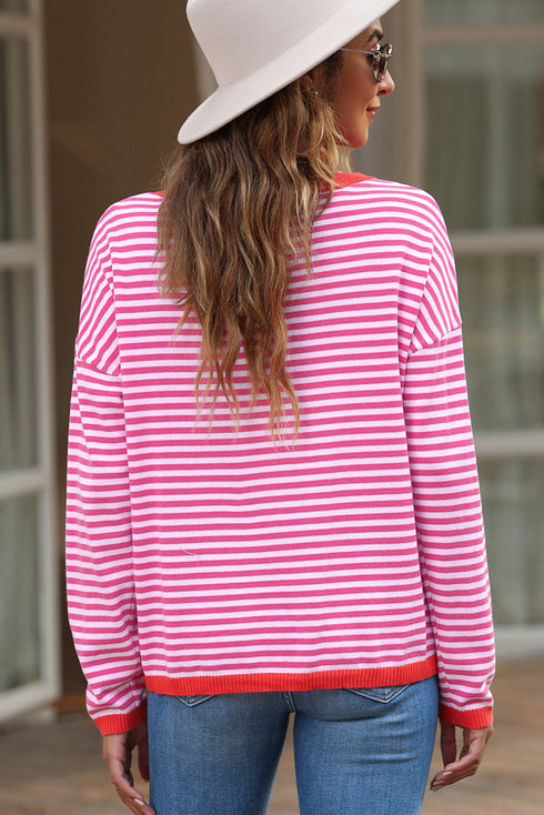 Striped Drop Shoulder Ribbed Trim Pullover Sweater