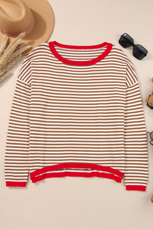 Striped Drop Shoulder Ribbed Trim Pullover Sweater