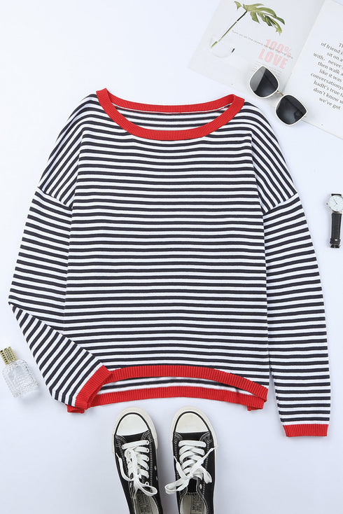 Striped Drop Shoulder Ribbed Trim Pullover Sweater