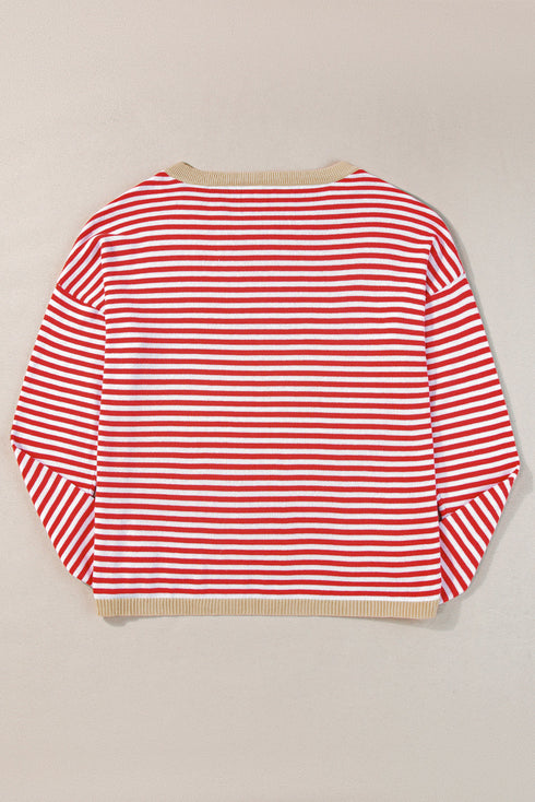 Striped Drop Shoulder Ribbed Trim Pullover Sweater