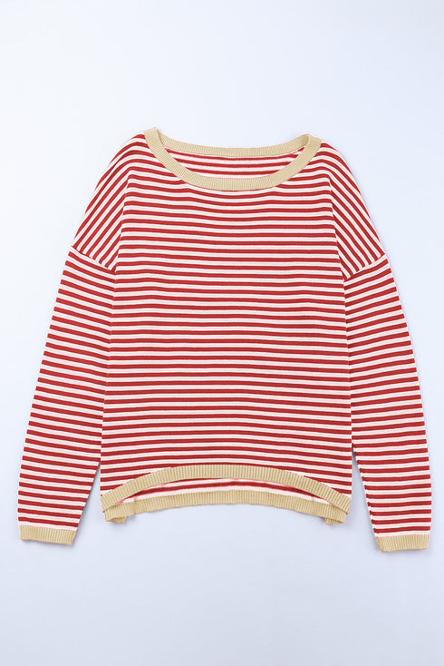 Striped Drop Shoulder Ribbed Trim Pullover Sweater
