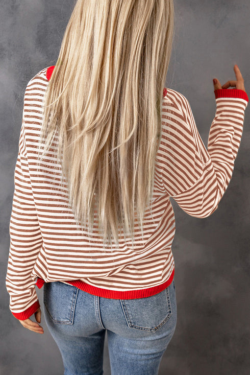 Striped Drop Shoulder Ribbed Trim Pullover Sweater