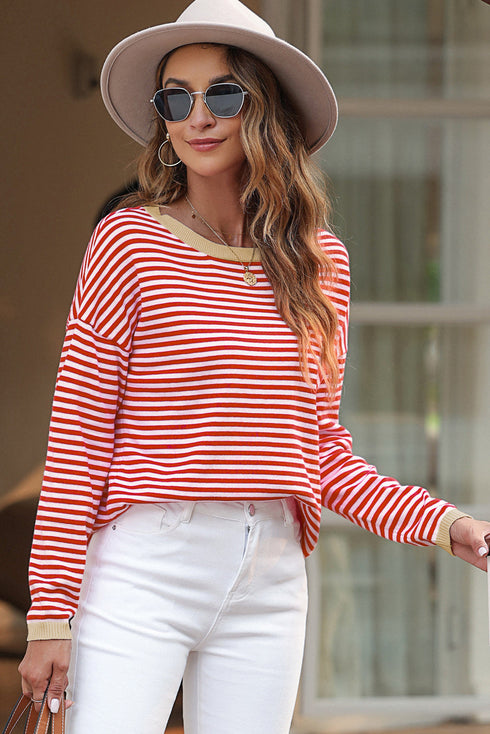 Striped Drop Shoulder Ribbed Trim Pullover Sweater