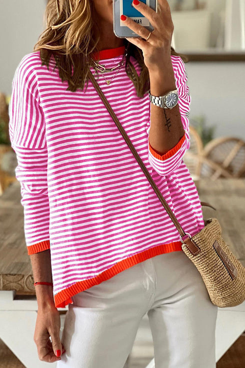 Striped Drop Shoulder Ribbed Trim Pullover Sweater