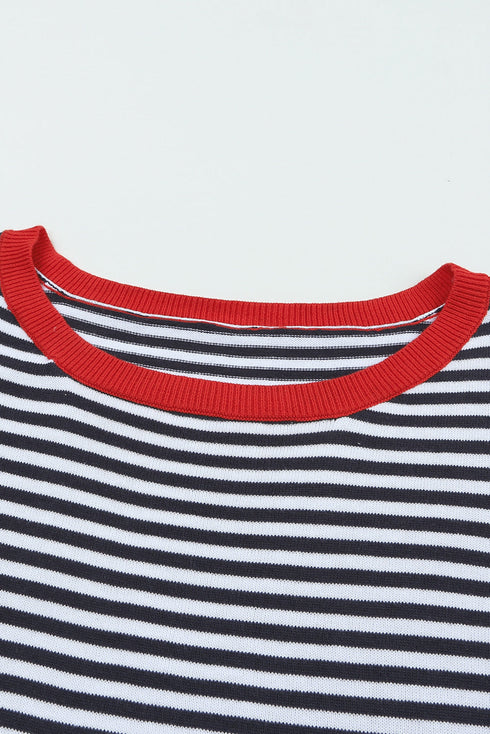 Striped Drop Shoulder Ribbed Trim Pullover Sweater
