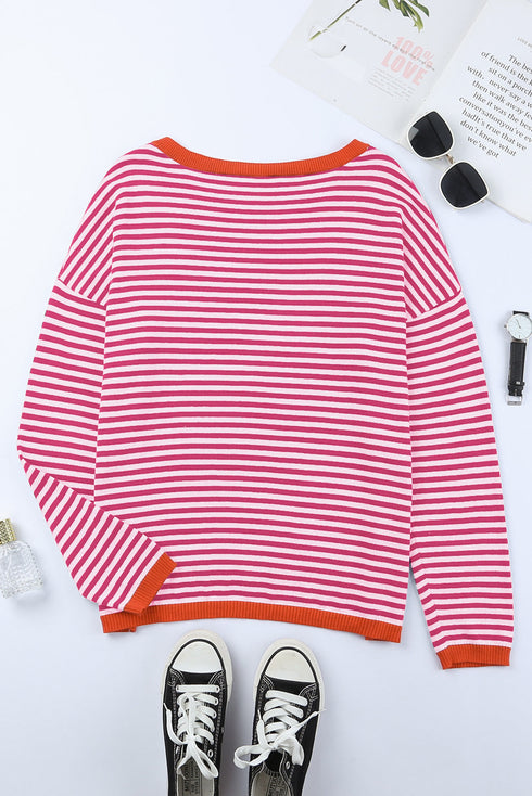 Striped Drop Shoulder Ribbed Trim Pullover Sweater
