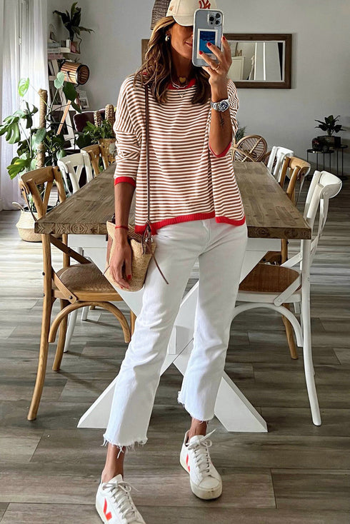 Striped Drop Shoulder Ribbed Trim Pullover Sweater