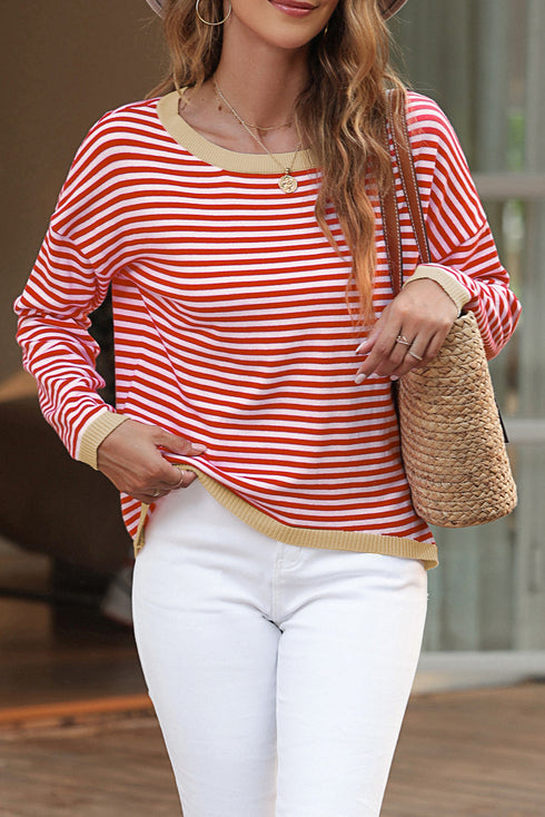 Striped Drop Shoulder Ribbed Trim Pullover Sweater