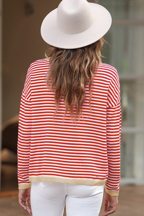 Striped Drop Shoulder Ribbed Trim Pullover Sweater