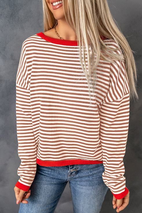 Striped Drop Shoulder Ribbed Trim Pullover Sweater