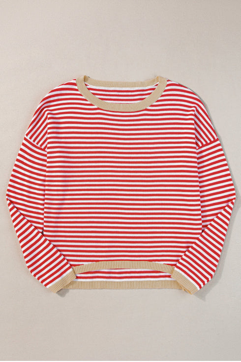 Striped Drop Shoulder Ribbed Trim Pullover Sweater
