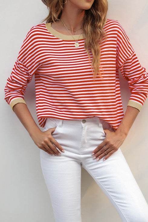 Striped Drop Shoulder Ribbed Trim Pullover Sweater
