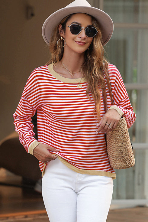 Striped Drop Shoulder Ribbed Trim Pullover Sweater
