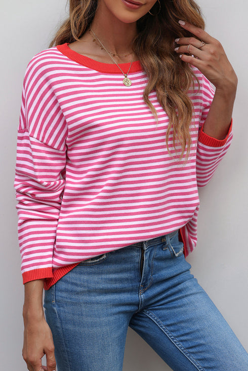 Striped Drop Shoulder Ribbed Trim Pullover Sweater