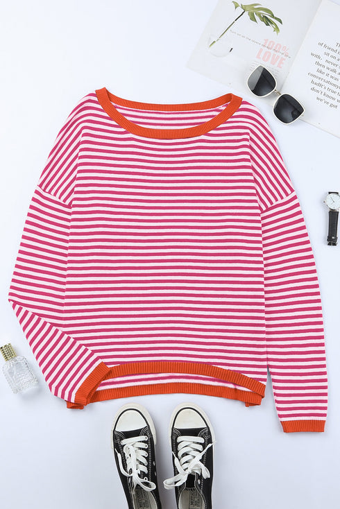 Striped Drop Shoulder Ribbed Trim Pullover Sweater