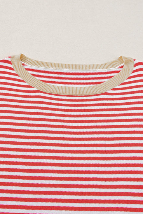 Striped Drop Shoulder Ribbed Trim Pullover Sweater