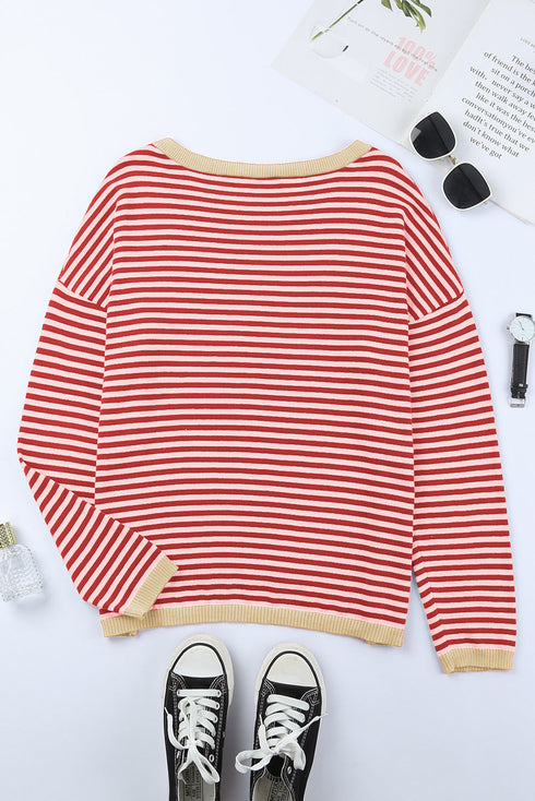 Striped Drop Shoulder Ribbed Trim Pullover Sweater