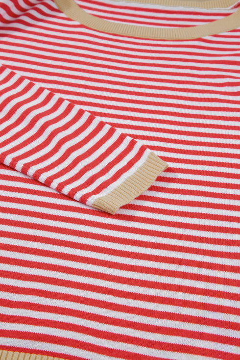 Striped Drop Shoulder Ribbed Trim Pullover Sweater