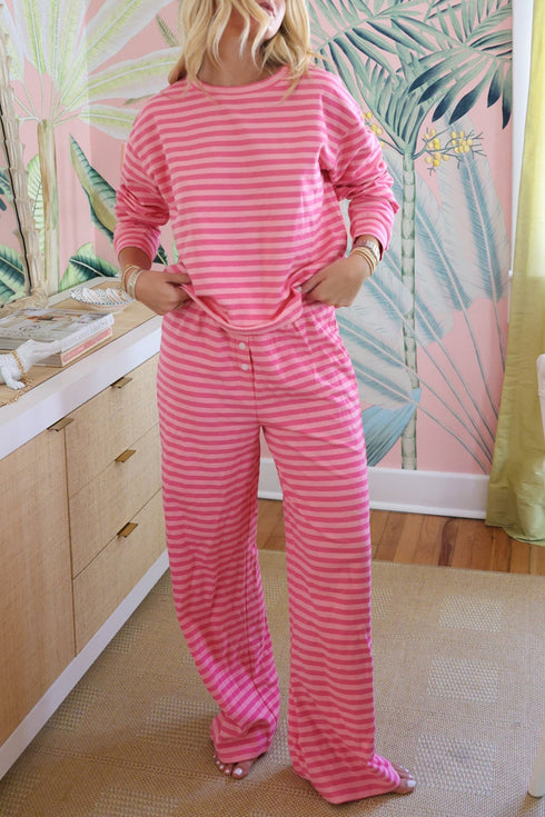 Striped Drop Shoulder Round Neck Buttoned Wide Leg Pant Sets