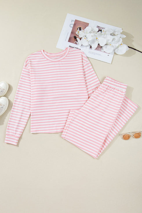 Striped Drop Shoulder Round Neck Buttoned Wide Leg Pant Sets