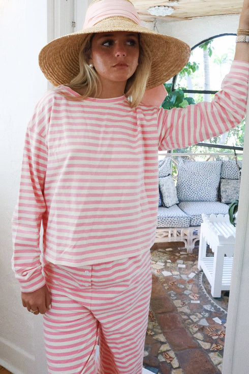 Striped Drop Shoulder Round Neck Buttoned Wide Leg Pant Sets