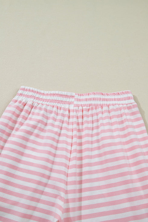 Striped Drop Shoulder Round Neck Buttoned Wide Leg Pant Sets