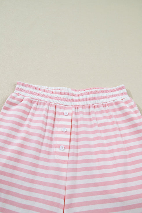 Striped Drop Shoulder Round Neck Buttoned Wide Leg Pant Sets