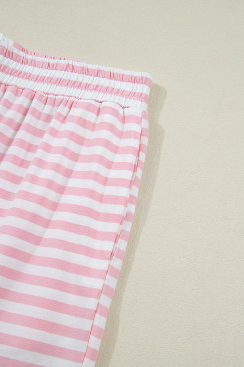 Striped Drop Shoulder Round Neck Buttoned Wide Leg Pant Sets