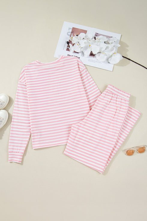 Striped Drop Shoulder Round Neck Buttoned Wide Leg Pant Sets