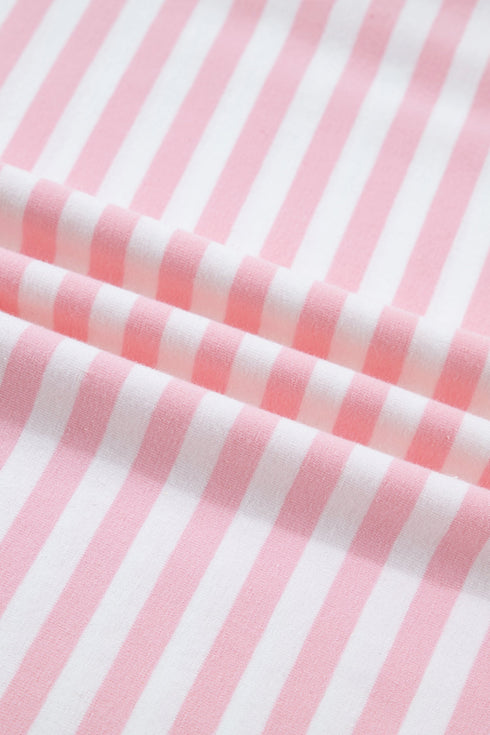 Striped Drop Shoulder Round Neck Buttoned Wide Leg Pant Sets
