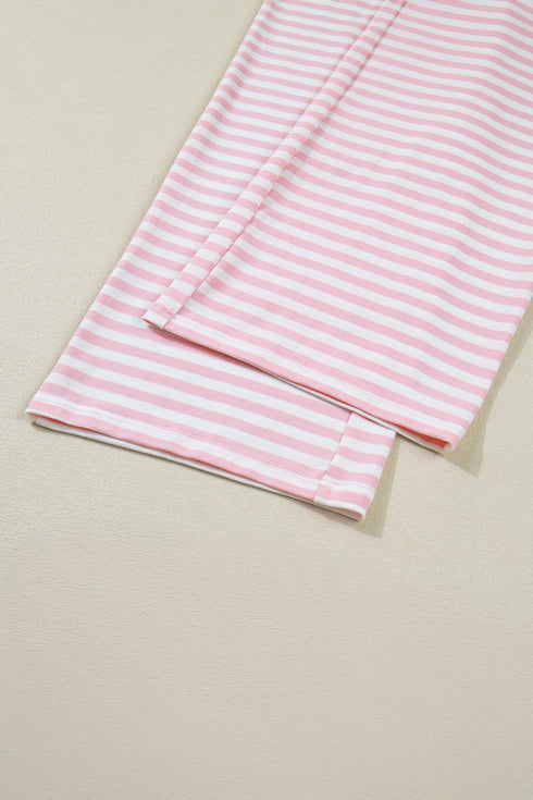 Striped Drop Shoulder Round Neck Buttoned Wide Leg Pant Sets