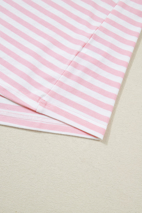 Striped Drop Shoulder Round Neck Buttoned Wide Leg Pant Sets
