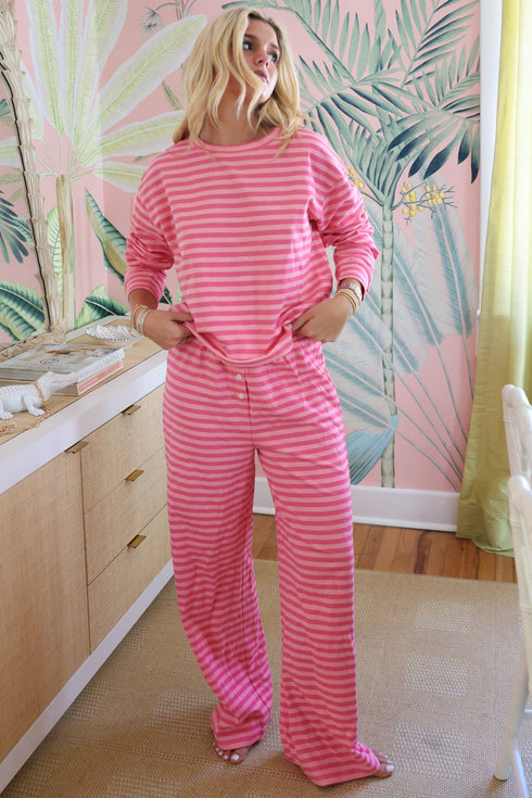Striped Drop Shoulder Round Neck Buttoned Wide Leg Pant Sets