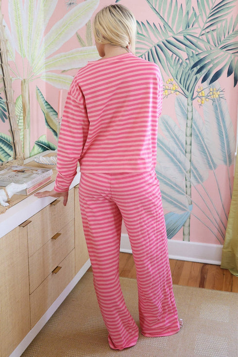 Striped Drop Shoulder Round Neck Buttoned Wide Leg Pant Sets