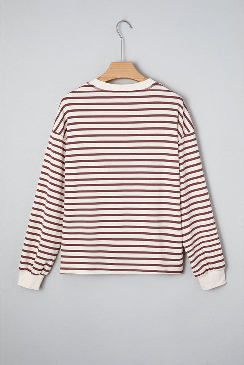Striped Drop Shoulder Snap Front Henley Long Sleeve Top