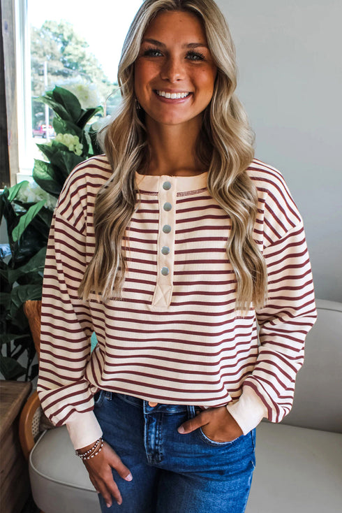 Striped Drop Shoulder Snap Front Henley Long Sleeve Top