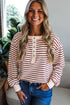 Striped Drop Shoulder Snap Front Henley Long Sleeve Top