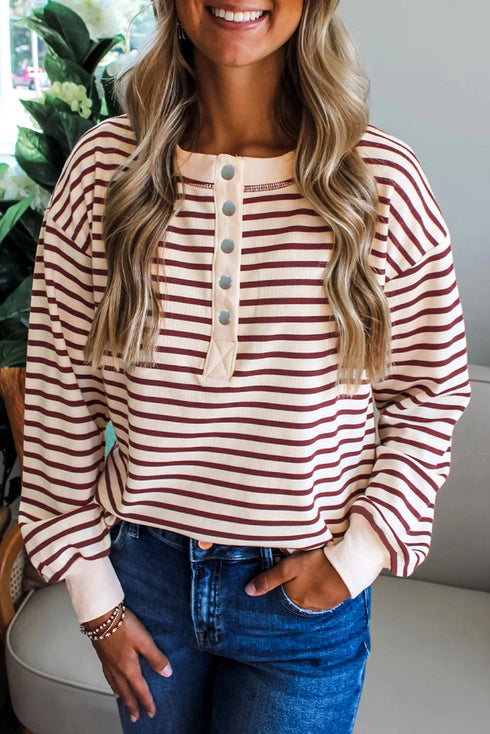 Striped Drop Shoulder Snap Front Henley Long Sleeve Top