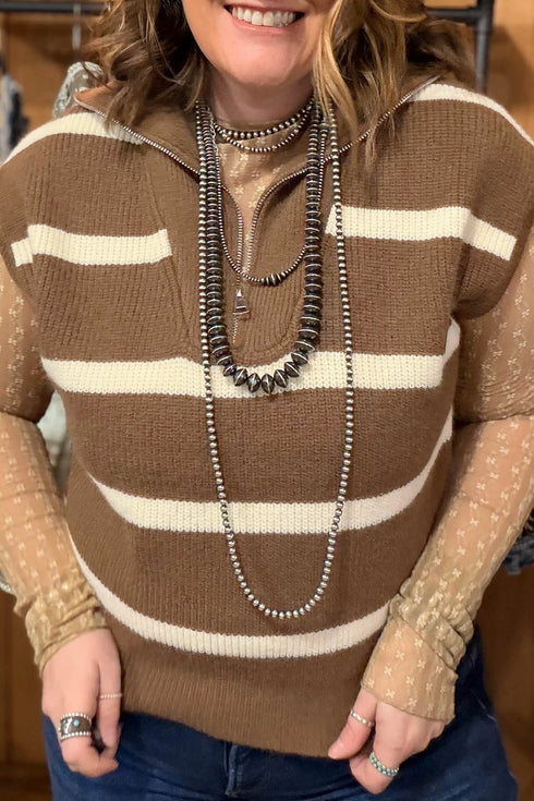 Striped Drop Shoulder V Neck Tunic Sweater