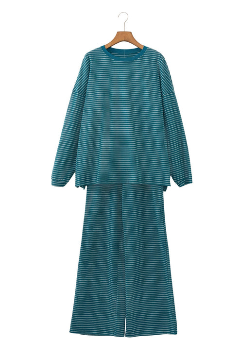 Striped Dropped Shoulder Long Sleeve Top Elastic Waist Pants Two Piece Pant Set
