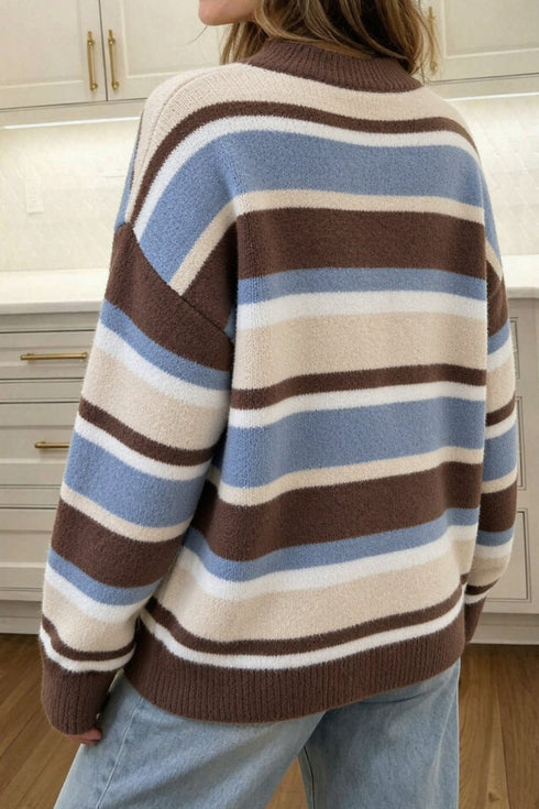 Striped Dropped Shoulder Loose Retro Inspired Pullover Sweater