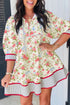Striped Edge Puff Sleeve Patchwork A Line Floral Dress