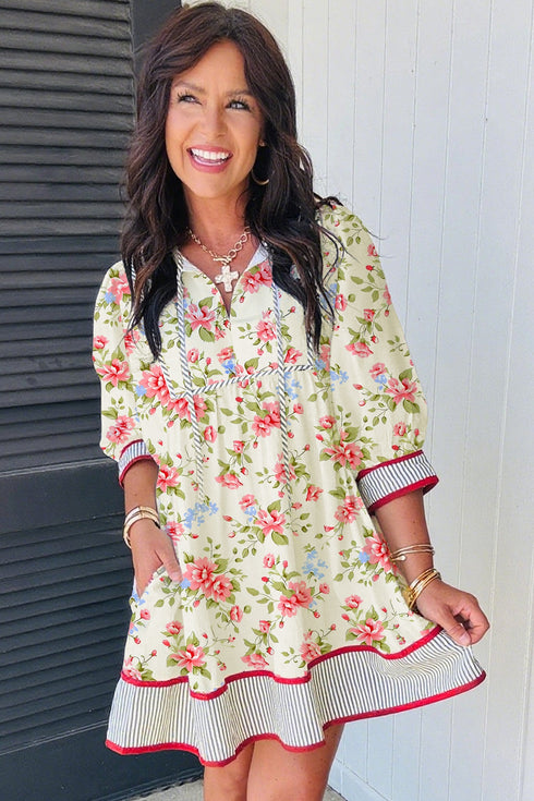 Striped Edge Puff Sleeve Patchwork A Line Floral Dress